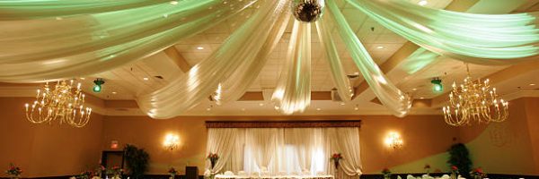 Interior of the wedding hall set up for the party dinner.